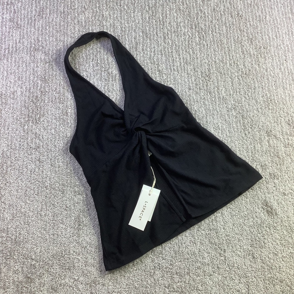 L*Space Callie Halter Top Black Ribbed Twist Front Plunge Neck Size M NWT